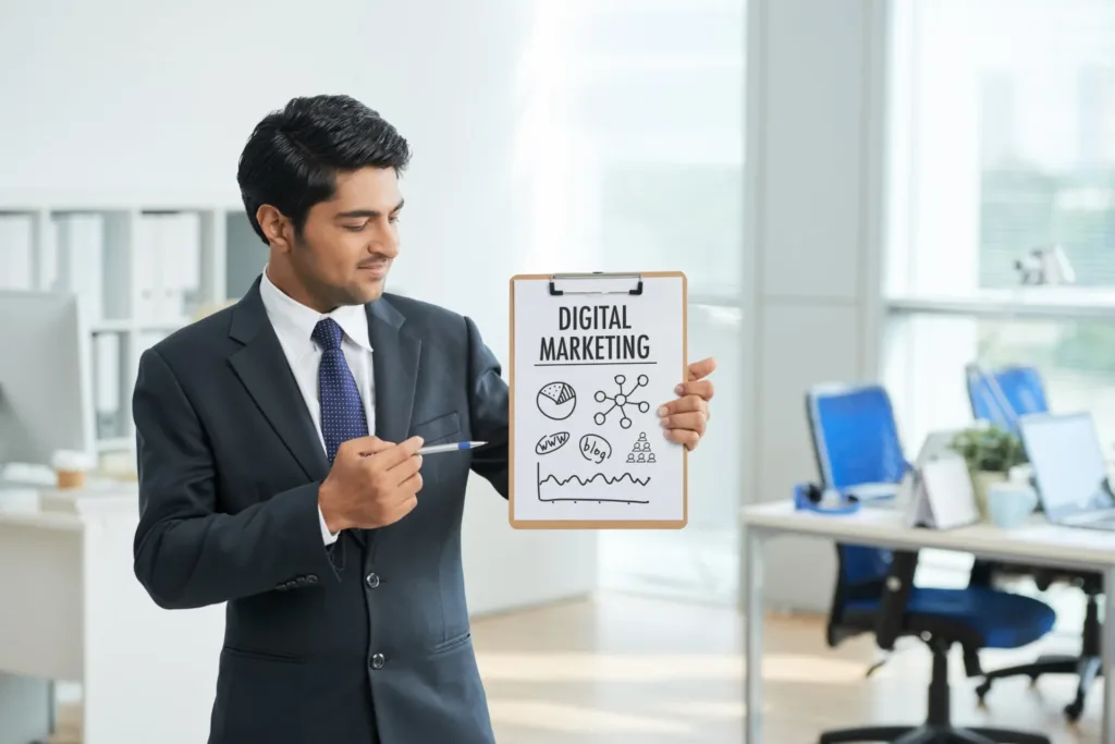 man suit standing office with clipboard pointing poster with words by 3Zenx